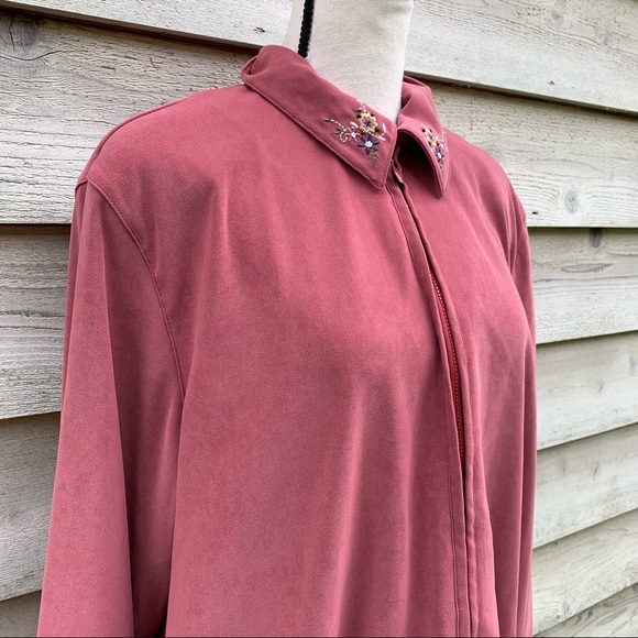 Vintage 80s Dusty Rose Floral Embroidered Long Sleeve Zip Up Front Casual Jacket - Picture 4 of 16